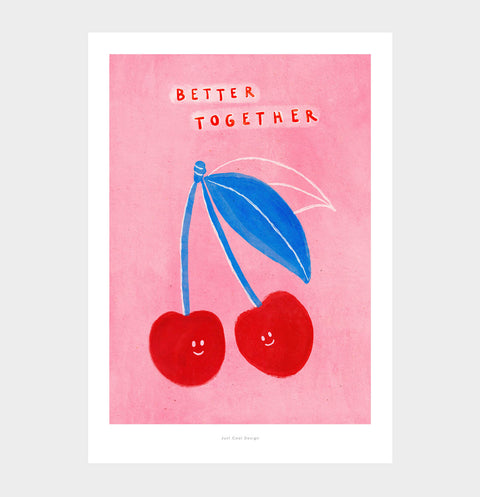 Better together cherry illustration poster featuring hand painted colorful cherries on pink background with bright colors