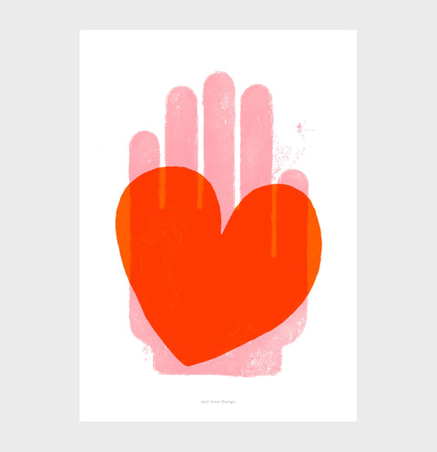 Red heart poster art print featuring a pink hand holding a big red heart. Red heart wall art bright wall art. Illustration prints