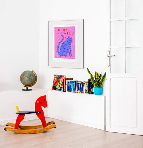Born to be wild leopard art print and cat illustration in bright modern interior