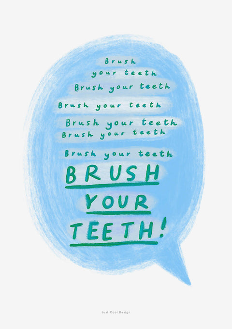 Funny bathroom print with hand lettered typography saying "Brush your teeth" and repeated over and over. This fun nursery art print is bold, bright and colorful with gorgeous hand painted typography, for bathroom and cool nurseries