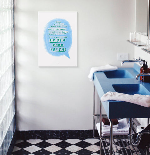 Brush your teeth is a bathroom wall saying for kids to remind them to brush their teeth. Colorful and hand painted quote poster for bathrooms.
