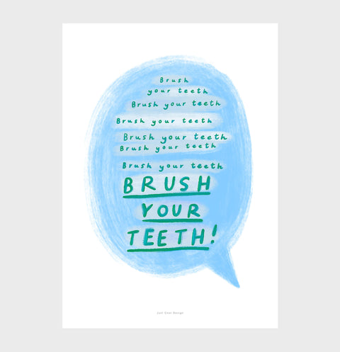Brush your teeth  bathroom quotes for walls. Colorful hand painted lettering with the phrase Brush your teeth repeated many times. Funny quotes poster for bathroom.