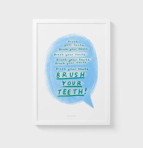Brush your teeth poster with a colorful hand lettered phrase saying Brush your teeth over and over again. Funny bathroom quotes wall art with a sun message for kids.