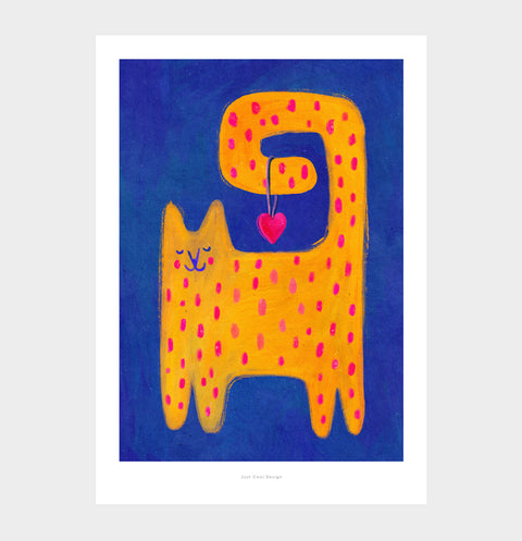 Love cat illustration art print, Cat wall art print, cat with heart painted with bold colors