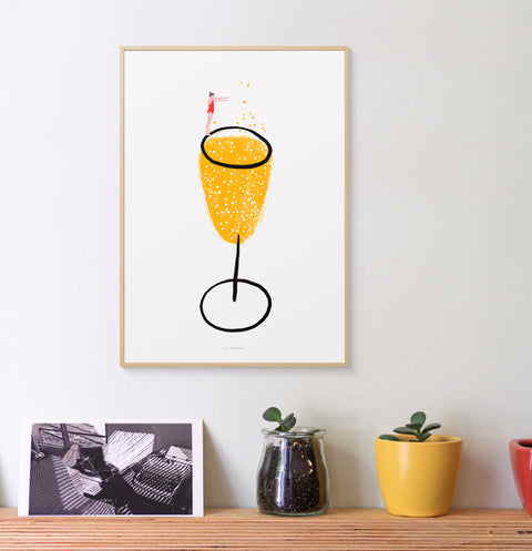 Illustration champagne posters featuring a girl jumping into a champagne glass. Feminist poster and fun wall art, modern graphic wall art poster for women