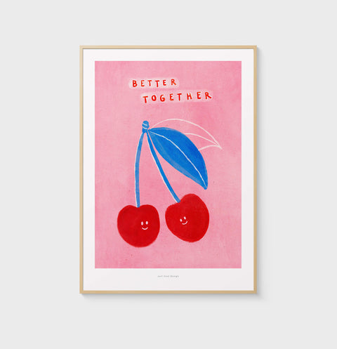 Cherry art print and quote saying better together. Red cherries illustration as best friends on pink background.