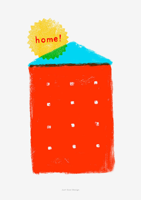 Featuring a hand painted word "home", this illustration is a fun, childlike painting of a large bold house in simple colors: red, blue and yellow. Rooted in childhood nostalgia, it feels happy and welcoming and is perfect for anyone who longs to live in a big colorful family home. 
