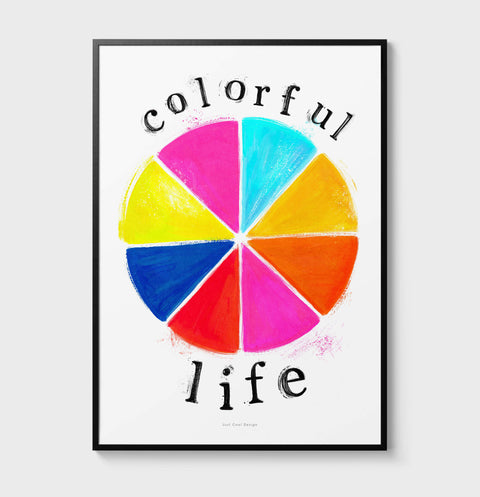 Colorful illustration wall art print with illustrated color wheel in primary colors and hand painted typography saying "colorful life". Vibrant and positive wall art with uplifting message.