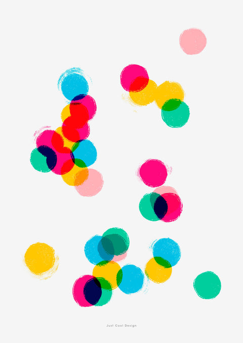 Bright confetti-like circles in different colors all come together to make a lively and bright painting that is sure to brighten up any space. This modern and playful wall art print adds a burst of bold color to any art collection with pink, blue, yellow, yellow and green dots. 