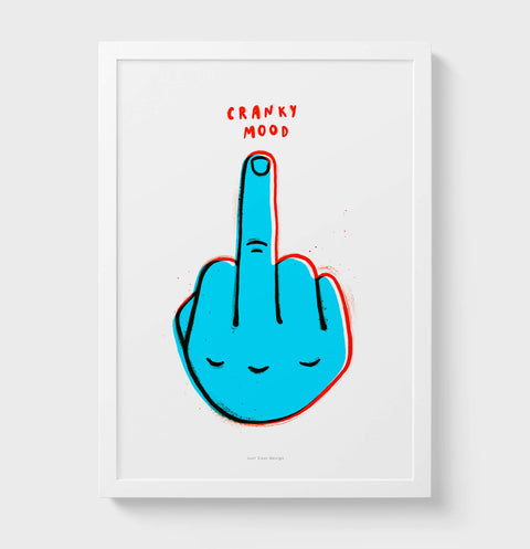 Funky middle finger illustration wall art with bold and vibrant blue and red colors and modern contemporary style and hand painted typography saying "cranky mood"