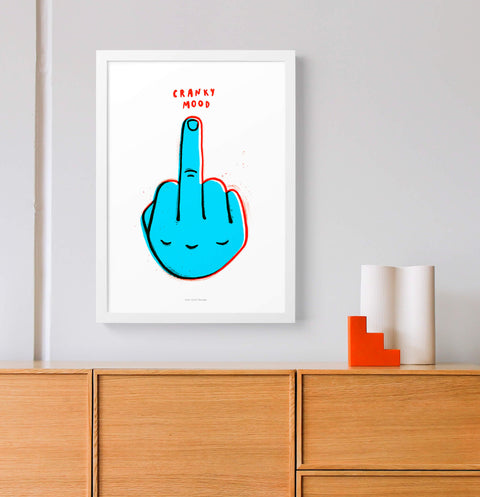Bold middle finger illustration wall art with funky blue and red colors and modern contemporary style and hand painted typography saying "cranky mood"