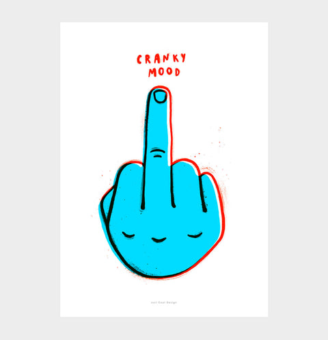 Sassy middle finger illustration wall art with bold and vibrant blue and red colors and modern contemporary style and hand painted typography saying "cranky mood"