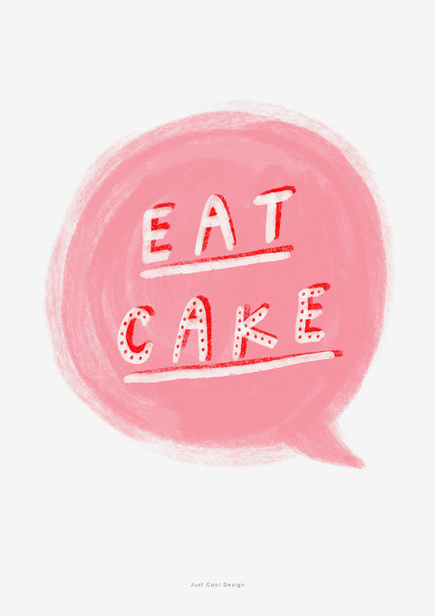 Pink typography quote print for women with hand painted words saying "eat cake" with cute lettering on a pink speech bubble