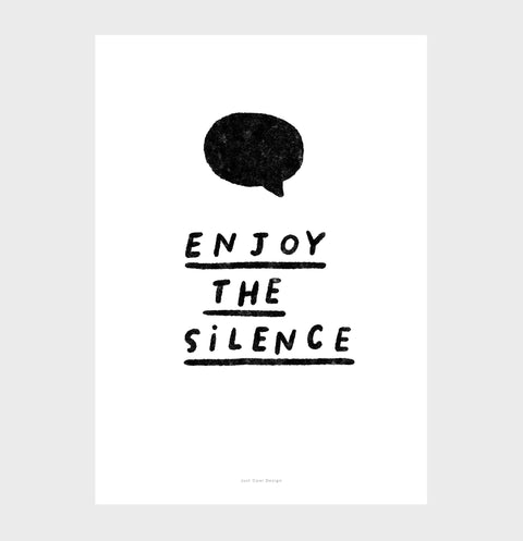 Enjoy the silence quotes prints artwork above bed, inspirational quotes art, black and white posters with a hand lettered quote saying "enjoy the silence" and an illustration of an empty speech bubble.