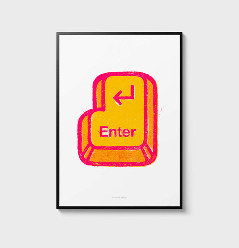 Enter key illustration with bold and colorful illustration of an enter key. Retro computer wall art illustration with bright pink and yellow colors.