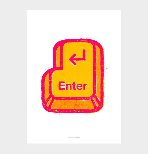 Retro computer wall art featuring a colorful and bold illustration of a Enter key with distressed texture and pink and yellow color palette.