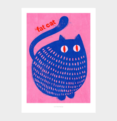 Cute blue and very fat cat illustration | Fat cat illustration art print | Illustrated cat wall art print