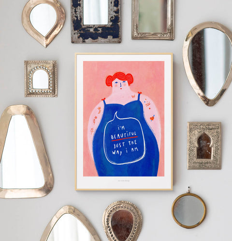 Inspirational wall art print for women with a cute illustration of a bold woman with fun tattoos and the quote saying "I'm beautiful just the way I am". A positive message for all feminist and empowered women.