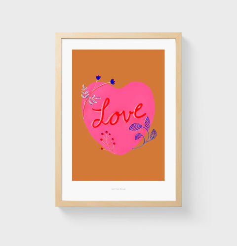Pink heart, electric blue flowers and burnt orange love wall art with the hand lettered word "love". Love poster and heart wall art boho posters