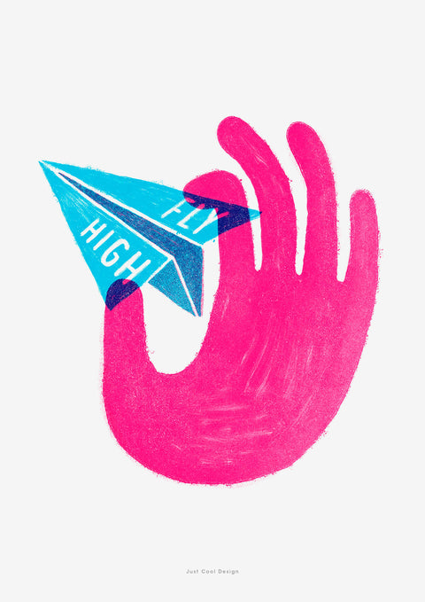 Fly high inspirational illustration art print | Airplane wall art. Featuring a hand holding a paper plane about to fly and the inspirational quote "Fly high", this graphic art print is sure to inspire you in moments when you need a little extra boost.
