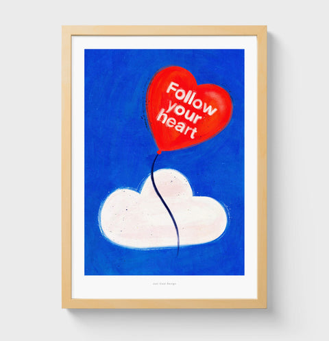 Follow your heart illustration art print. Illustration of a balloon heart flying away on sky. Heart wall art print