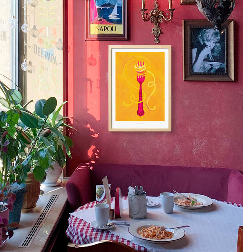 Funny kitchen print featuring an illustration of a retro pink fork and curly spaghetti with fun and bold vibes. Hanging in an italian restaurant.