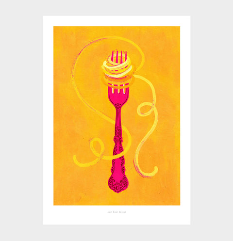 Vintage fork holding curly spaghetti illustration wall art print with pink and yellow bright colors.