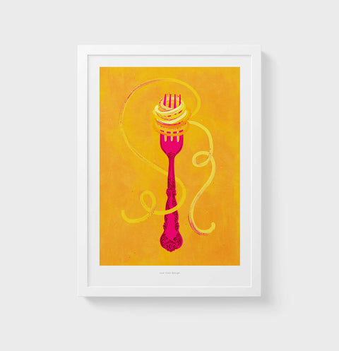 Pasta wall art prints featuring a colorful illustration with a retro fork and curly spaghetti in pink and yellow colors.