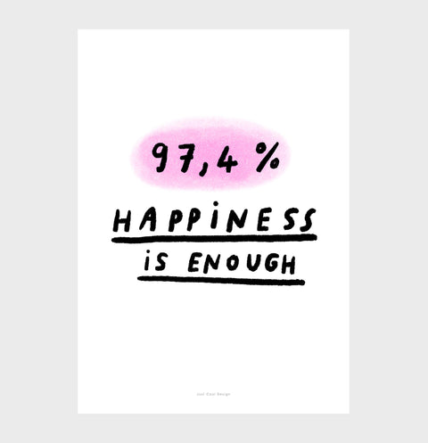 Happiness wall art quote posters and inspirational quotes art, bedroom quote prints and office wall art quotes saying "97,4% happiness is enough"