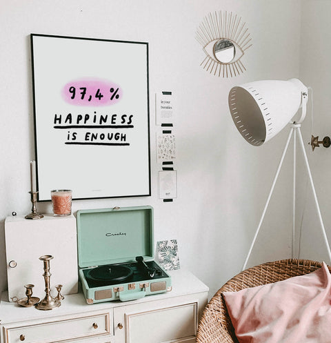 Happiness quotes about life, black and white inspirational wall art saying "97,4% happiness is enough" in a feminine and quirky bedroom