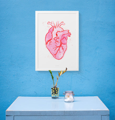 Pink heart anatomy prints, anatomy heart art, human heart poster with vintage retro style, colorful wall art, pink wall art hanging on eclectic gallery wall