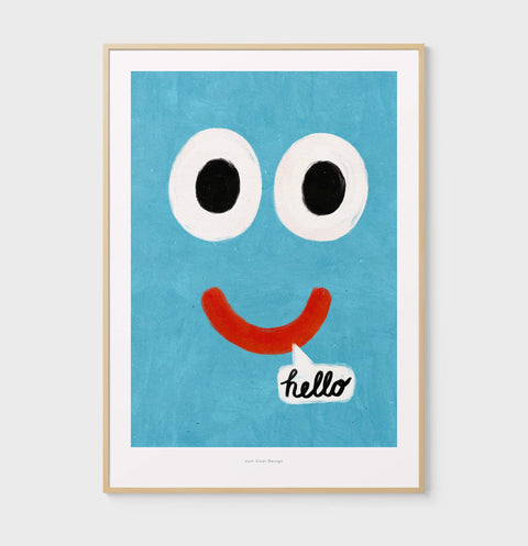 Smiling face illustration art print | Hello wall art print | Blue face illustration