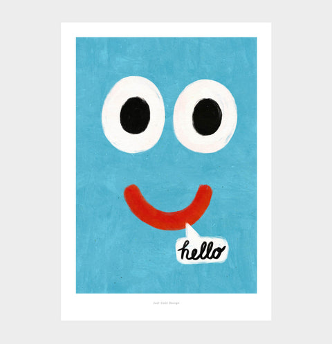 Smiling face illustration art print | Hello wall art print | Blue face illustration