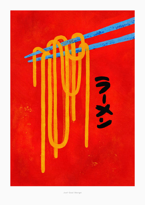 Japanese Ramen Noodles poster art print featuring a colorful illustration of asian chopsticks and japanese noodles.