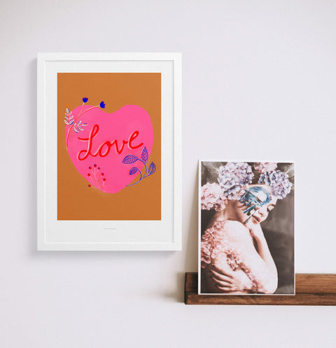 Love wall art, pink heart poster with blue floral illustration, romantic wall art in boho interior