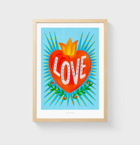 This heart poster has the contemporary mexican folk art typographic feel and features the hand painted word "Love". Love wall art print in mexican folk art style