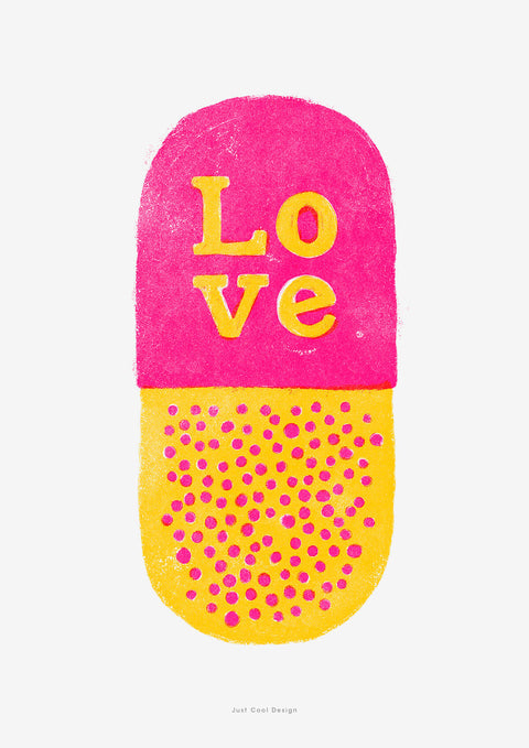 This cool illustration art print is a graphic love pill in bright pink and warm yellow with the hand lettered word love written on the capsule.
