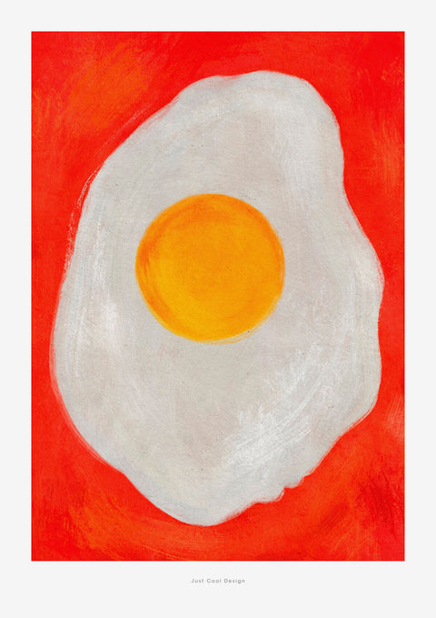 Fried egg illustration art print | Contemporary egg wall art. A painterly bright red background sets a wondrous stage for the soft white and vibrant yellow tones in this fried egg illustration print.
