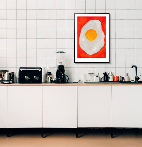 Modern fried egg kitchen prints. Contemporary and colorful egg illustration art print with red background.