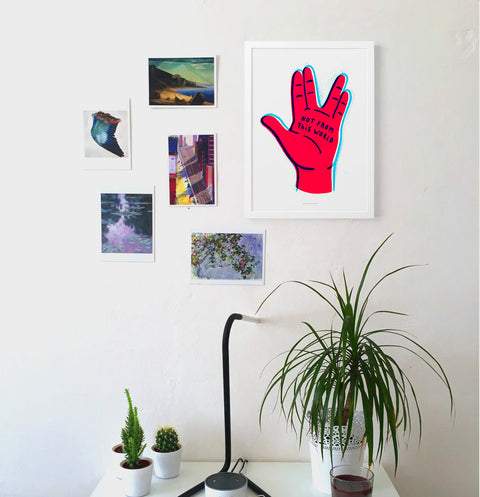 Vulcan salute illustration art print featuring a bold and colorful hand illustration doing the Star Trek vulcan salutation and the hand painted saying "not from this world"