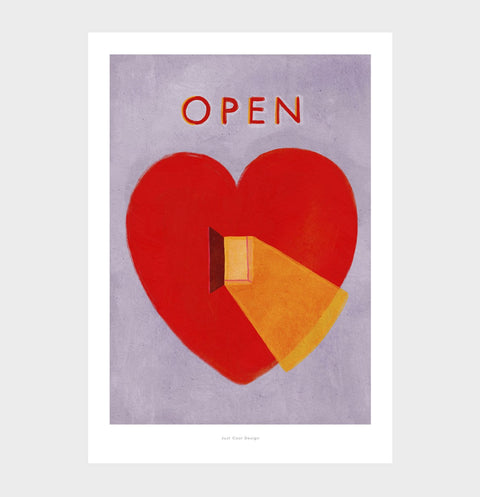 Open heart wall art is a graphic illustration art print featuring a big red heart with a little open door and a golden ray of light coming out of it. Red heart poster is a inspirational wall art illustration.