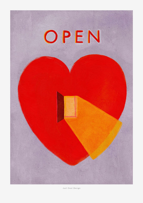 Open heart art print illustration | Red heart illustration wall art. Open Heart Print, a graphic illustration art print featuring a big red heart with a little open door and a golden ray of light coming out of it, this inspirational heart wall art will make you feel happy and cheerful.
