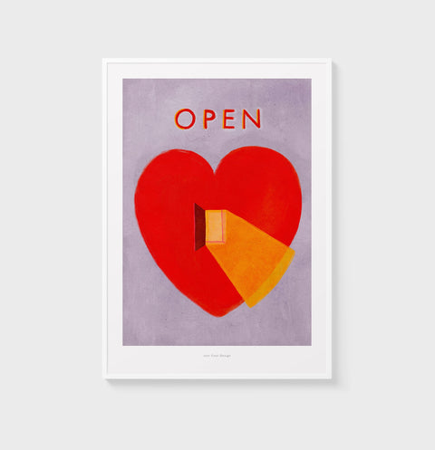 Open heart wall art is a graphic illustration art print featuring a big red heart with a little open door and a golden ray of light coming out of it. Inspirational heart wall art that is happy and cheerful.