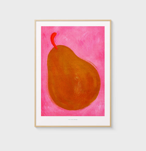 Colorful kitchen prints featuring a hand painted illustration of a pear on pink background, fruit poster for bright kitchen