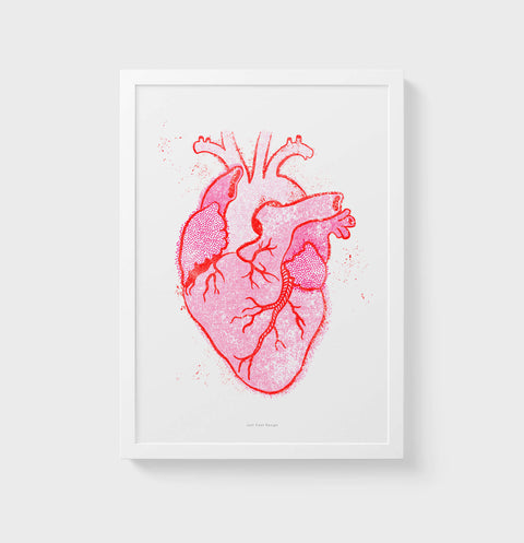 Human heart art illustration, pink heart wall art with bold pink color and distressed texture. Anatomy prints for bedroom gallery wall or wall art for medical office