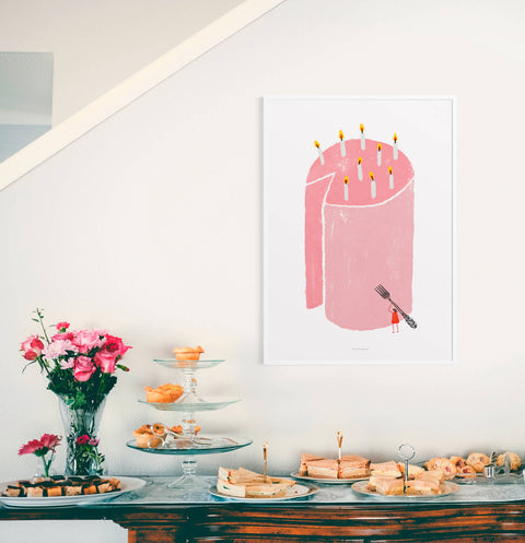Pink birthday cake illustration art print featuring a huge cake with candles and a little women holding a big fork. 