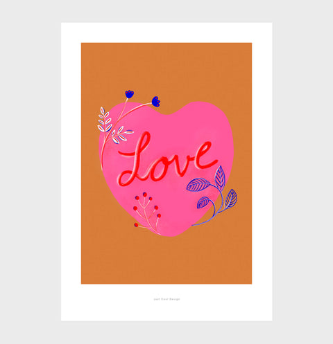 Poster about love with pink heart and blue floral accents and burnt orange background. Love art print and feminine wall art for women bedroom