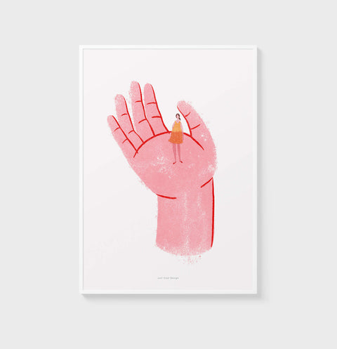 Women empowerment posters, girly posters featuring a big pink hand holding a little girl, cool posters for bedroom illustration prints