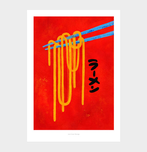 Graphic illustration art print featuring japanese ramen noodles and chopsticks in a bold and simple design and bright and vivid colors.
