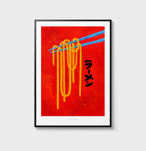 Cool wall art featuring a graphic illustration of colorful japanese chopsticks and ramen noodles. Fun kitchen print with asian noodles illustration.